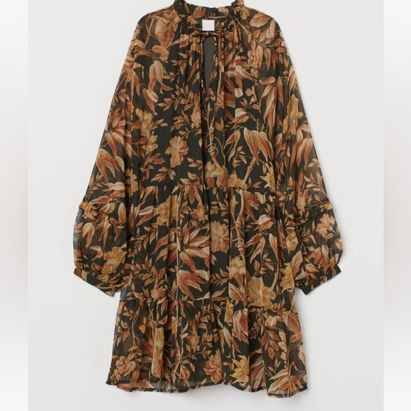 H&M Floral Ruffed Accent Dropped Waist  Long Sleeve Dress Women Size 6 US - Picture 2 of 8